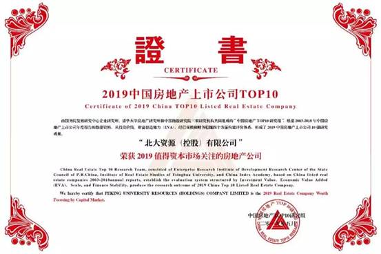 北大资源斩获2019中国房地产上市公司百强等六项大奖